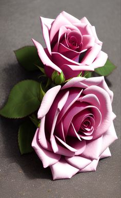 two pink roses sitting on top of a black surface with green leaves and stems in the center