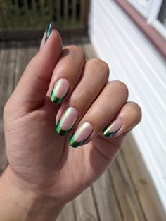 Green Chrome Tips Nails, Metallic Green French Tip Nails, Green Chrome French Tip, Green Chrome French Tip Nails, Emerald Green Chrome Nails, Chrome Nails French Tip, Chrome French Nails, Green Chrome Nails, French Tip Designs