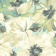 an image of white and green flowers on a blue wallpaper background with black accents