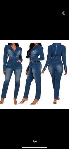 Double breasted long sleeve denim jumpsuit, the perfect addition to your wardrobe. This jumpsuit is designed to provide a sleek and stylish look.  Made from durable denim material, this jumpsuit is perfect for those who want a versatile piece that can be dressed up or down. Long Sleeve Denim Jumpsuit With Pockets, Long Sleeve Denim Blue Jumpsuit With Pockets, Medium Wash Fitted Long-sleeved Jumpsuit, Fitted Denim Jumpsuits And Rompers With Long Sleeve, Chic Medium Wash Jumpsuits And Rompers For Fall, Fitted Long Sleeve Medium Wash Jumpsuit, Chic Medium Wash Jumpsuit For Fall, Trendy Long Sleeve Medium Wash Jumpsuits And Rompers, Trendy Medium Wash Long Sleeve Jumpsuits And Rompers