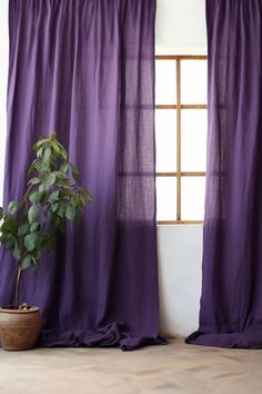 DEEP PURPLE LINEN CURTAINS Purple Curtains Bedroom, Purple Sheer Curtains, Sheers Curtains Living Room, Short Dress Patterns, Purple Curtains, Dark Curtains, Purple Linen, Purple Rooms, Bangs With Medium Hair