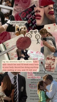 collage of photos with people and words written on them, including two men kissing each other