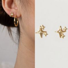 I'm never going to take these earrings off✨Perfect for everyday wear😝Currently 30% off！ En Route Jewelry, Small Stud Earrings, Star Stud Earrings, Sparkly Earrings, Star Design, The Star, Gold And Silver, Sensitive Skin, Ear Cuff