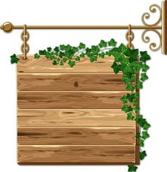 a wooden sign with ivy on it hanging from a metal frame over a white background