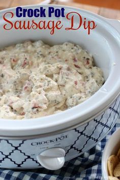 the crock pot sausage dip is ready to be eaten