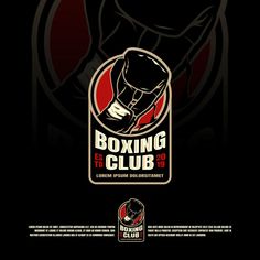 the logo for boxing club is shown in black and red colors on a dark background