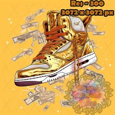 a pair of gold sneakers with chains hanging from the bottom and money flying around them