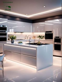 a modern kitchen with white cabinets and counter tops