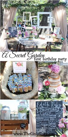 a garden birthday party with flowers and cakes