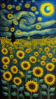 a painting of sunflowers in a field under a night sky