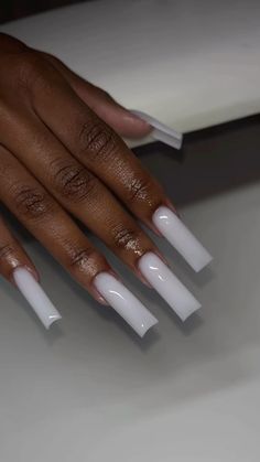 Nail Inspo Dramatic, Squared White Acrylic Nails Long, Smokey White Nails, White Base Acrylic Nails, Acrylic Pearl Nails, White Acyrilics Nails, White Set Nails, White Nut Nails, Long Nails Black Women