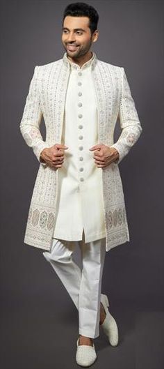 White and Off White color IndoWestern Dress in Silk fabric with Bugle Beads, Embroidered, Stone, Thread work Groom White Suit Wedding, Indian Groom Wear Wedding, Indowestern Outfits For Men, Western Outfits For Men, Party Wear Indowestern Dresses, Indo Western Outfits For Men, Engagement Dress For Men, Indowestern Outfits, Engagement Dress For Groom