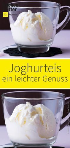 two bowls filled with ice cream sitting on top of each other next to the words joghurttes en lecher genius