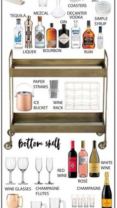 a poster with different types of wine glasses and liquor bottles on it's shelves