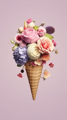 an ice cream cone filled with lots of flowers