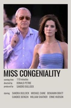 an old man standing next to a woman in front of a poster that says miss congreniality