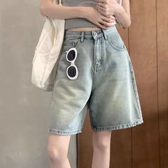 Size Waist Length Hips S 64 49 96 M 68 50 100 L 72 51 104 XL 76 52 108 2XL 80 53 112 Baggy Jean Shorts, Denim Shorts For Women, Vintage Denim Shorts, Baggy Jean, Short Women Fashion, Korean Fashion Casual, Shorts Denim, Shorts For Women, Blue Denim Shorts