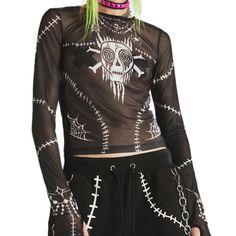 This Crop Top That Has A Sheer Mesh Construction, Stitching Graphics All Over, Thumbhole Cutouts, And A Skull And Crossbones Printed Across The Chest. Black 94% Polyester, 6% Spandex Hand Wash Cold, Hang Dry Exclusively At Dk Fitted Mesh Tops In Grunge Style, Alternative Long Sleeve Mesh Tops, Edgy Mesh Tops For Spring, Edgy Long Sleeve Mesh Top, Fitted Gothic Mesh Top For Summer, Fitted Gothic Mesh Top For Spring, Fitted Graphic Print Emo Tops, Halloween Punk Stretch Tops, Black Mesh Top With Edgy Style