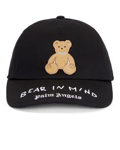 100% cotton.  Made in China.  Hand wash.  Embroidered bear graphic at front.  Embroidered logo detail at brim.  Ventilating eyelets at top.  Adjustable back strap.  Brim measures approx 3" in length, OS measures approx 25-27" in circumference.  .  .  .  .  .  .  .  . Cotton Baseball Cap With Logo And Flat Brim, Flat Brim Cotton Baseball Cap With Logo, Logo Cotton Baseball Cap With Flat Brim, Trendy Cotton Hat With Logo Print, Summer Cotton Hats With Logo Print, Summer Cotton Hat With Logo Print, Casual Baseball Cap With Appliqué Logo, Casual Flat Brim Hat With Logo Print, Flat Brim Cotton Hat With Logo