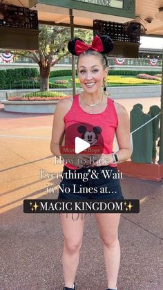 a woman in minnie mouse ears and pink shirt standing on a tennis court with the words, everything & waiting for no lines at magic kingdom