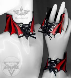 RED BAT WINGS Corset Set Choker & Bracelets Hand-painted Cuffs - Etsy Bulgaria Handmade Gothic Costume Accessories, Handmade Costume Accessories For Cosplay Halloween, Handmade Costume Accessories For Halloween Cosplay, Adjustable Gothic Costume Accessories For Festivals, Black Fantasy Costume Accessories As Gift, Fantasy Costume Jewelry For Halloween, Fantasy Halloween Costume Jewelry, Handmade Punk Style Costume Jewelry, Punk Style Handmade Costume Jewelry