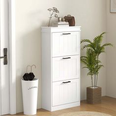 a white cabinet sitting next to a potted plant on top of a wooden floor