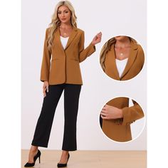 An elegant suit jacket is designed to make you look polished and professional in any corporate setting. The lapel collar blazer adds a modern touch to this classic ensemble, while matching the pencil skirts or classic pants provides a flattering silhouette. Made from soft materials, this suit offers excellent durability and comfort throughout the day. Whether you're attending an important meeting or presenting in the boardroom, this basic outfit blazer will exude confidence and style. Brown Button-up Blazer For Semi-formal Occasions, Elegant Brown Blazer With Button Closure, Fitted Brown Single-button Blazer, Brown Single-breasted Long Sleeve Blazer, Brown Single-breasted Cotton Blazer, 90s Baggy, Spring Blazer, Open Front Blazer, Classic Pants