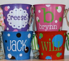 three buckets with different designs on them