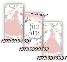 three greeting cards with the words you are beautiful and a silhouette of a woman in a pink dress