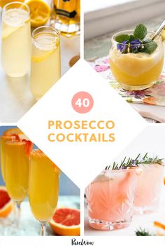 four different shots with the words proseco cocktails written in orange and pink