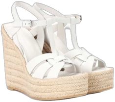 Luxury Summer Wedge Sandals, Chic White High Heel Espadrilles, White High Heel Espadrilles For Spring, White High Heel Espadrilles For Summer, White High Heel Espadrilles For Vacation, White Espadrille Heels For Summer, White High Heel Espadrilles For Beach, White Espadrille High Heel Wedge Sandals, White Espadrille Wedge Sandals With High Heel