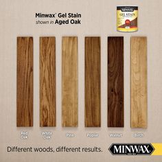 several different types of wood are shown in this ad for minwax gel stain