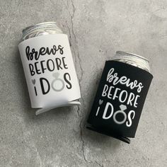 two can coolers sitting next to each other on top of a cement floor with the words before i do's and after i do's