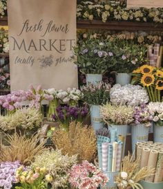 a bunch of flowers that are in vases on the ground with a sign behind them