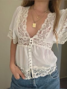 Vintage lace babydoll top for sale on my insta! White Feminine Lace Top, Lace Long Sleeve Top Aesthetic, Lacy Tops Outfit, Babydoll Aesthetics, Babydoll Shirt Outfit, White Lace Shirt Outfit, Coquette Lace Top, Lace White Top, Coquette Babydoll Top