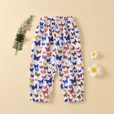 Girls Butterfly Cartoon Printed Casual Trousers Wholesale Childrens Clothing Suppliers - PrettyKid Cute White Summer Pants, Cute Summer Pants With Elastic Waistband, Cute Blue Summer Pants, Cute Pants With Elastic Waistband For Playtime, Cute Summer Playwear Pants, Multicolor Playwear Bottoms With Elastic Waistband, Multicolor Bottoms With Elastic Waistband For Playwear, Cute Playwear Pants For Spring, Cute Spring Playwear Pants