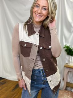 Sleeveless Brown Patch Denim Button Down Vest. *Matching Shorts Fall Button-up Denim Vest With Snap Buttons, Summer Denim Vest With Snap Buttons Button-up, Summer Denim Button-up Vest With Snap Buttons, Trendy Button-up Denim Vest With Snap Buttons, Button-up Medium Wash Denim Vest With Pockets, Denim Button Down, Denim Patches, Down Vest, Shop Now