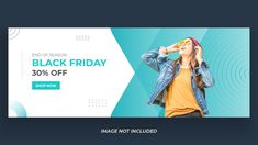 a black friday sale banner with an image of a woman in denim jacket and headphones