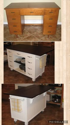 two pictures of a kitchen island made out of wood and white cabinets with drawers on each side