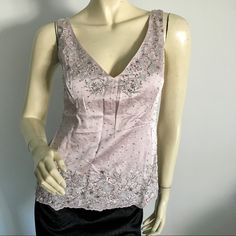 Linda Allard Ellen Tracy Petite Sleeveless V-Neck Camisole With Embroidery, Beading And Sequin Detail All Over. Zips Down On The Side. Color Is Like A Dusty Pale Pink With Pale Purple Tint. Color In Pictures Are Very Accurate. Would Look Great Paired With Gray/Silver Bottom. Size Is 4p But Runs Like A Regular S/M. Approx Measurements Taken Laying Flat & Relaxed: Bust 32-34" Length From Shoulder 21.5", Waist 30", Length From Underarm 13.75". Nwt * Please Do Not Use My Photos W/Out Permission Silk V-neck Tank Top For Party, Fitted Silk V-neck Tank Top, Elegant Silk Tank Top For Party, Elegant Embellished Tank Top For Spring, Elegant Beaded Tank Top For Spring, Fitted Glamorous V-neck Tank Top, Embellished Fitted V-neck Tank Top, Silk Sleeveless Tank Top For Party, Embellished V-neck Tank Top For Party