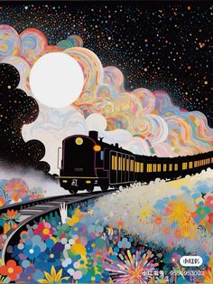 a painting of a train going down the tracks at night with stars and clouds in the sky