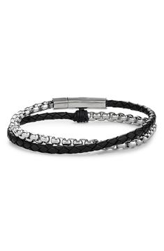 Braided leather and stainless steel chain intersect across the wrist on a double-wrap bracelet handcrafted in the USA. 1/8" width; 16" length Clasp closure Stainless steel/leather Made in the USA Double Wrap Bracelet, Mens Jewelry Bracelet, Braided Leather, Leather Chain, Steel Chain, Stainless Steel Chain, Wrap Bracelet, Jewelry Inspiration, Mens Bracelet