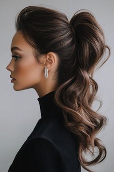 Discover the perfect ponytail hairstyles for any event, whether it's a casual outing or a special occasion like a wedding. From chic styles with bangs to intricate braided looks, there's a ponytail to suit every preference. Explore various styling options to effortlessly enhance your outfit and mood - from relaxed low ponies to sophisticated braids that add an elegant touch of glamour to your ensemble. Big Low Ponytail, Ponytail Event Hair, Soft Ponytail Hairstyles Wedding, Party Hairstyles Ponytail, Classy High Ponytail Hairstyles, Loose High Ponytail Hairstyles, Elegant Wedding Ponytail, Elegant Ponytail Black Women, High Pony For Wedding