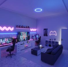 a living room filled with furniture and neon lights on the wall above it's tv