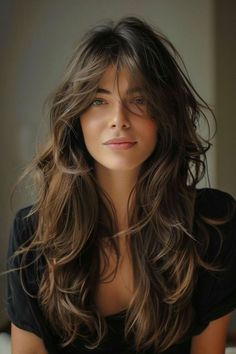 Long Bangs For Wavy Hair, Wolf Haircut Long Hair No Bangs, Long Hair With Layers And Fringe, Long Wavy Hair Curtain Bangs Layers, Heavy Fringe Long Hair, Clip In Curtain Bangs, Hair Cuts Long Hair Layers Bangs, Boho Haircuts For Long Hair, Layers For Wavy Hair Long