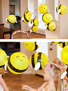 two pictures with balloons in the shape of bees