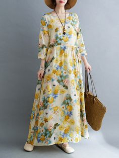 Sku CY-!125621 Material 95%Cotton Style Loose , Long Sleeves Feature Flower Print , Split-joint Neckline Round-neck Occasion Casual , Vintage , Leisure Fashion Seasons Spring , Autumn Type Midi Dresses Color YELLOW Size L,XL,2XL Please consult the size chart we provide for this item's measurements to help you decide which size to buy.Please note: There may be 1-3cm differ due to manual measurement. CMINCH Bust Shoulder Sleeve Length L 110 42 56 125 XL 114 43 56 126 2XL 120 44 57 127 Yellow Vintage Dress, Leisure Fashion, Fashion Seasons, Loose Dress, Vintage Yellow, Elegant Outfit, Midi Dresses, Casual Fall, Yellow Dress