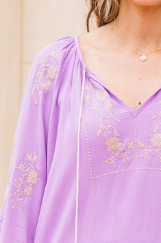 Float into the season with this beauty in your possession! This top was crafted with tassel ties and delicate embroidery detailing, that will transport you to a world of relaxation and style! The flowy fit provides comfort and versatility, while the pretty lavender color adds a touch of flair to your style! 100% Rayon Flowy Purple Tops, Flowy Purple Beach Top, Purple Floral Embroidery Beach Top, Summer Soft-washed Purple Tops, Purple Floral Embroidered Beach Top, Lavender Color, Model Fits, Affordable Fashion, Float