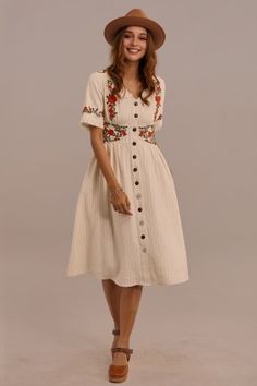 White Short Sleeves V Neckline Cotton Maxi Dress - New In - Petallush Embroidered Midi Dress, Comfy Dresses, Cotton Midi Dress, Mom Dress, Online Dress Shopping, Favorite Dress, Modest Outfits, Embroidered Dress, A Dress