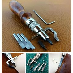 several different types of tools are shown in this collage, including leather and metal